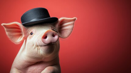 Pig wearing a top hat and smiling. The pig is looking at the camera. The image has a playful and lighthearted mood