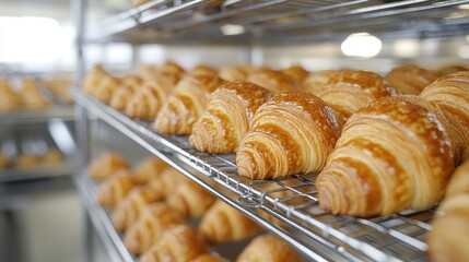 Freshly baked croissants on an oven rack, golden and flaky, captured in a warm and inviting setting, symbolizing artisanal baking, French pastry, and traditional bakery craftsmanship.