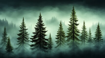 Obraz premium Misty Forest at Night Dark Green Evergreens Shrouded in Fog