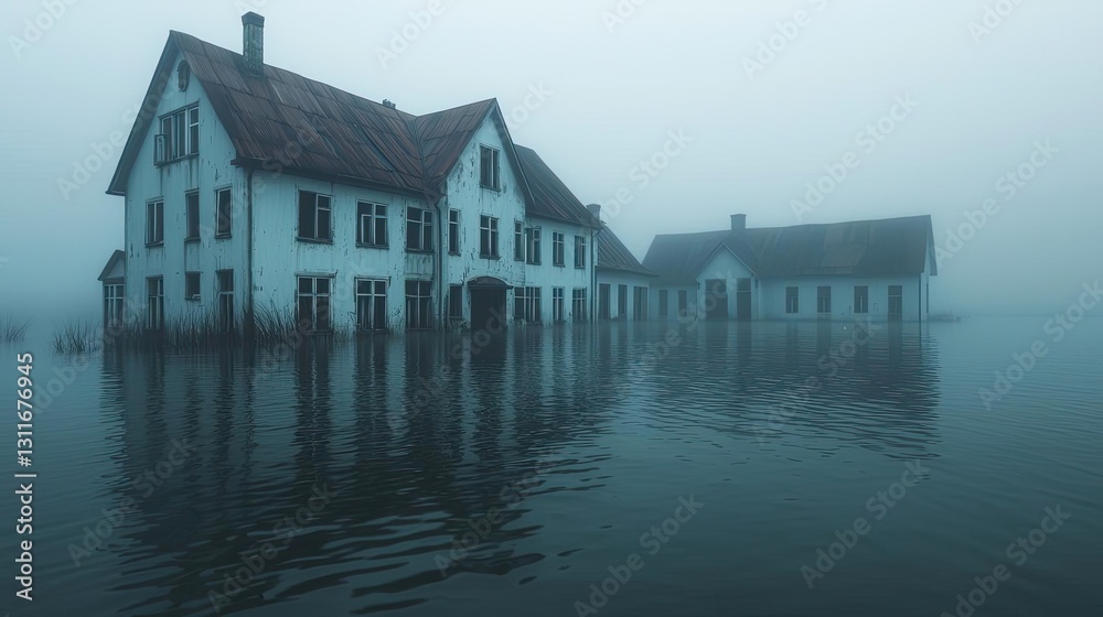 Poster iceberg melting idea. eerie fog envelops abandoned houses submerged in rising floodwaters.
