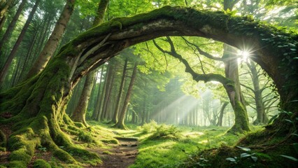 Naklejka premium A natural arch formed by the intertwining roots and branches of ancient trees in a dense forest.