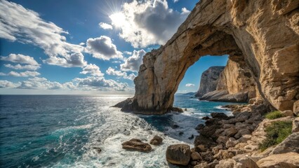 Fototapeta premium A natural arch carved into a cliffside, offering a breathtaking view of the ocean beyond.