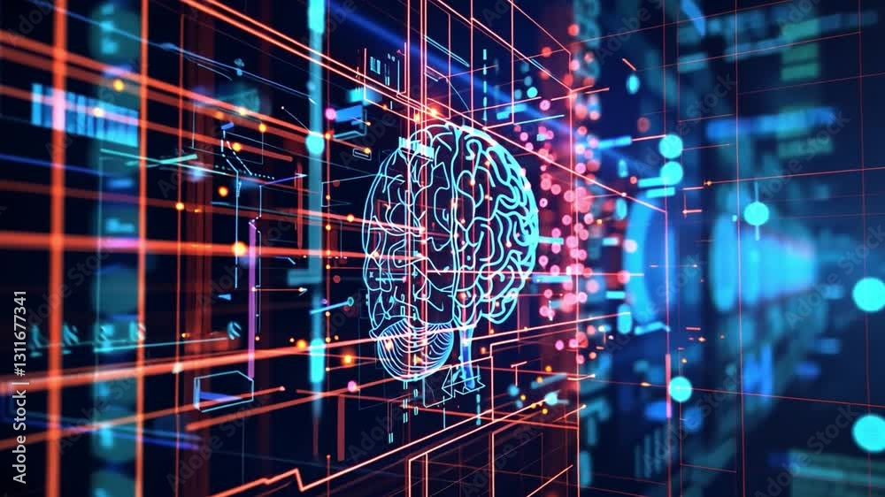 Poster vibrant digital brain exploring complexity of artificial intelligence, neural networks, and data pat
