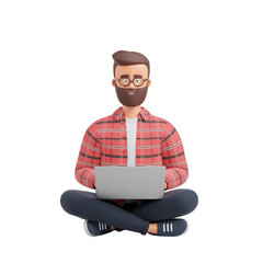 Cartoon bearded character student man glasses red shirt seat lotus yoga pose work laptop isolated over transparent background. 3d render illustration.