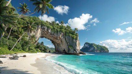 A natural arch on a tropical island, surrounded by palm trees and white sandy beaches. 