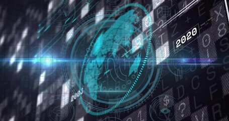 Animation of futuristic digital globe with technology elements, year 2019 highlighted - Powered by Adobe