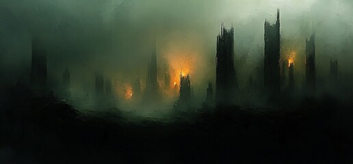 Fototapeta premium Ruined City in a Foggy Apocalypse