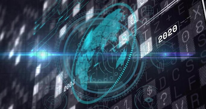 Animation of futuristic digital globe with technology elements, year 2019 highlighted