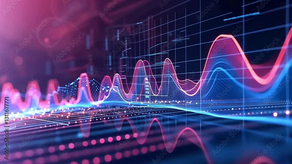 Poster colorful abstract digital data visualization vibrant wave patterns and graphs for technology and ana