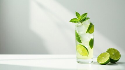 Refreshing Lime and Mint Beverage in Tall Glass with Ice Cubes on Bright Surface