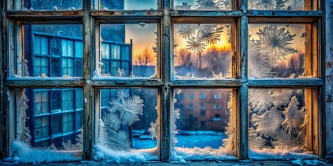 Urban Exploration: Hand-Painted Ice Frost Window Texture - Winter Cityscape