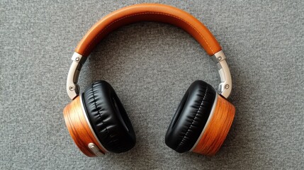 Premium wooden-finish wireless headphones with a leather headband on a soft gray backdrop.