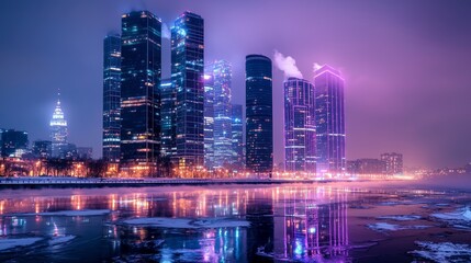 Sleek modern city at night in winter, shimmering skyscrapers, cold air fogging up distant lights, icy streets reflecting vivid colors