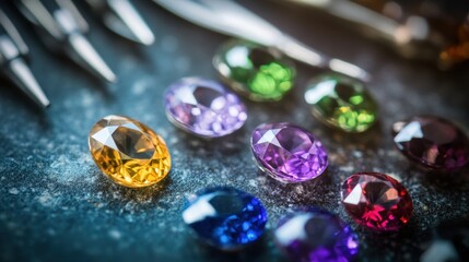 Professional jewelry design tools next to sparkling cut gemstones.