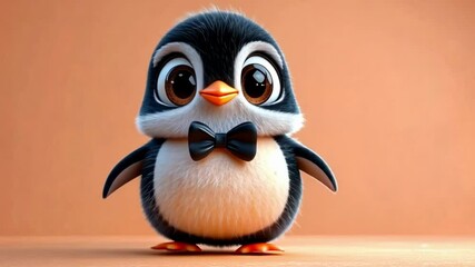 Funny dancing penguin in black tie on peach solid background