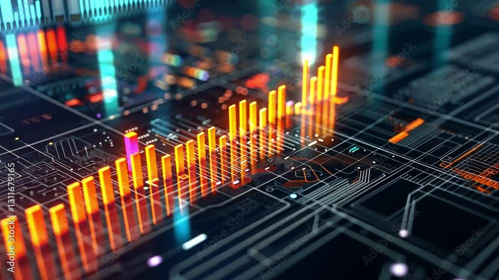Poster vibrant digital data visualization showcasing glowing graphs and circuit patterns, merging technolog