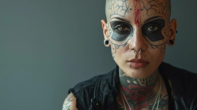 Tattooed Woman with Bald Head and Face Paint in Edgy Attire