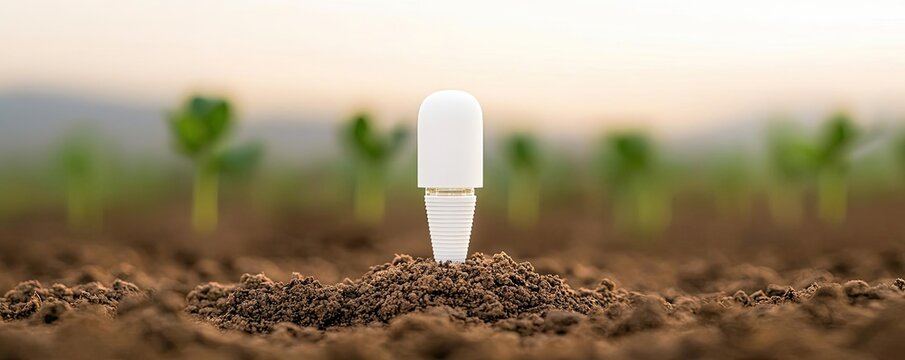 Climate Change drought idea. A white label marker stands prominently in freshly tilled soil amidst green seedlings.