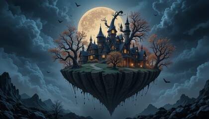 Fototapeta premium Spooky Castle on Floating Island Under Full Moon with Bats