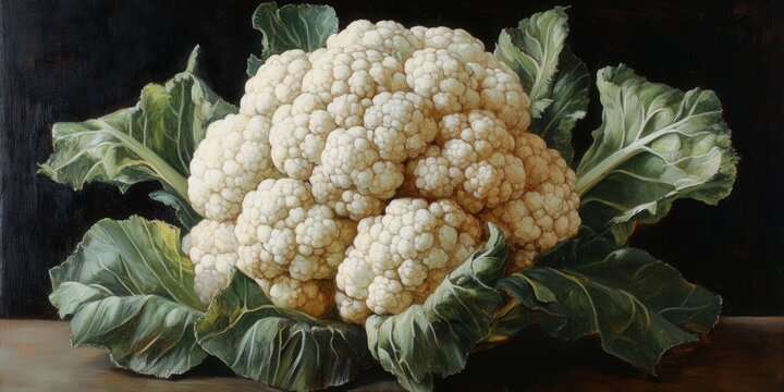 A stunning oil painting captures a majestic head of white cauliflower in intimate detail. Its intricate florets create a captivating texture and depth, inviting viewers into an organic masterpiece whe