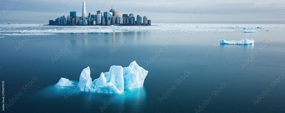 Aufkleber iceberg melting idea. a stunning view of icebergs floating in water near a city skyline under a clou