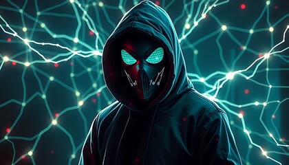 A mysterious figure wearing a mask is shrouded in digital lines