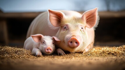 Two pigs are laying on hay, one of them is a baby. The baby pig is looking at the camera