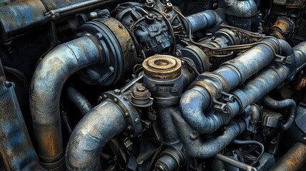 A large industrial engine with intricate tubing and metallic textures, partially obscured to leave copy space for text or branding.