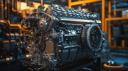 A large industrial engine with intricate tubing and metallic textures, partially obscured to leave copy space for text or branding.