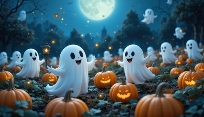 Fototapeta premium Cartoon Ghosts and Pumpkins in a Halloween Night Scene with Moon