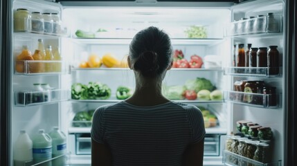 A person gazes into a brightly illuminated open refrigerator