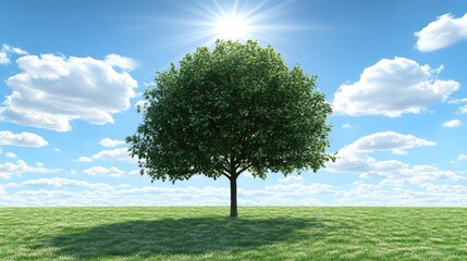 A lone tree in the middle of a vast field with sunlight shining down, symbolizing strength and positive growth.