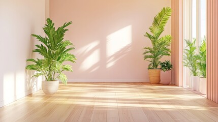Sunlit room, pink wall, plants, hardwood floor, interior design