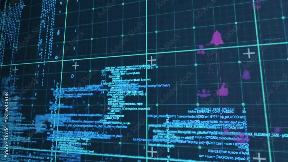 Poster in school, animation showing digital code and data visualization on grid background