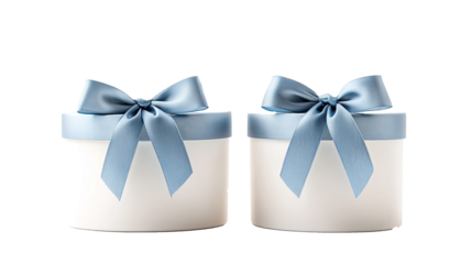"Two Elegant White Gift Boxes with Satin Blue Ribbons and Bows, Perfect for Weddings, Anniversaries, and Special Celebrations"

