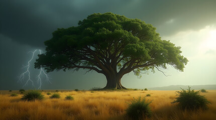Obraz premium Dramatic Nature Landscape Painting of Solitary Tree in Golden Field Under Dark Thunderstorm Sky with Vivid Lightning and Ominous Stormy Weather
