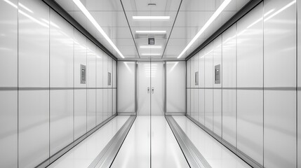 A minimalist elevator with smooth white walls, soft lighting, and sleek metal details, providing an open area for promoting brands or technology products.