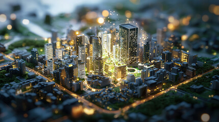 Futuristic urban development plan showcasing AI driven architecture and vibrant city life. scene is illuminated with glowing lights and greenery