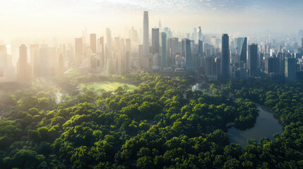 Aerial view of futuristic urban landscape with lush greenery, showcasing harmonious blend of nature and modern architecture