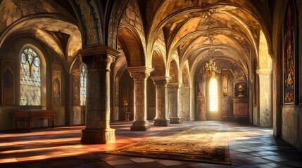 Magnificent Medieval Castle Towering Over a Glittering Golden Treasure Hoard