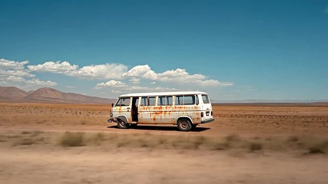 Rusty vintage van driving through a vast desert landscape under a bright blue sky