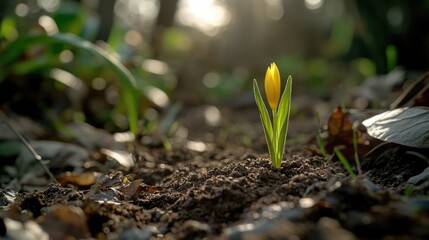 A single yellow flower begins to bloom in a forest, representing new life and growth.