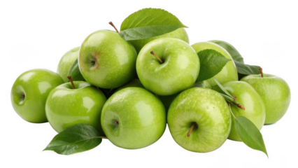 Pile of Fresh Green Apples with Leaves on White Background