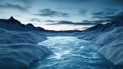 Iceberg melting concept. A serene river flowing through a snow-covered landscape under a twilight sky.