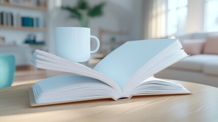 Fototapeta premium Open Book and White Mug on Wooden Table in Bright Living Room