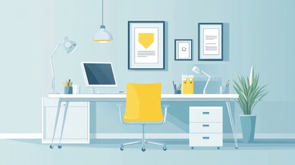 Modern minimalist office workspace interior, with computer, desk, chair, and plants. Ideal for a design portfolio or home office representation