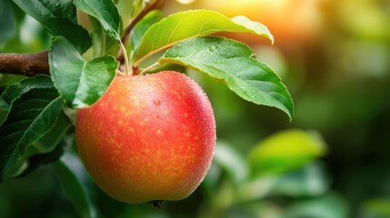 Obraz premium A perfectly ripe fruit, such as an apple or an orange, with fresh green leaves, representing health and positive energy.