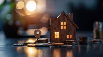 modern home purchasing concept featuring wooden house model surrounded by coins and location pin, symbolizing investment and real estate