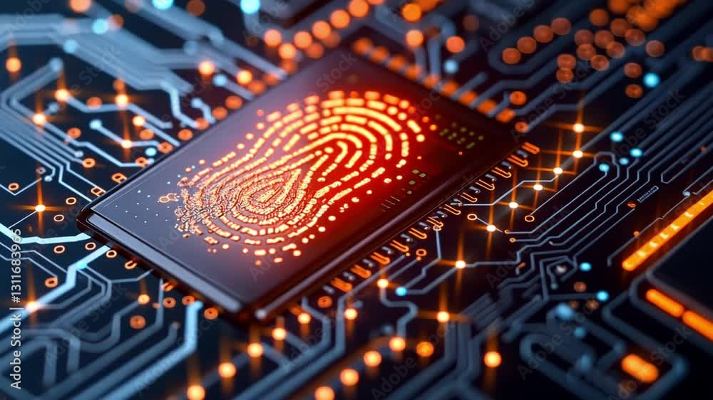 Poster exploring innovation in security technology close up views of circuit board, fingerprint design, mic
