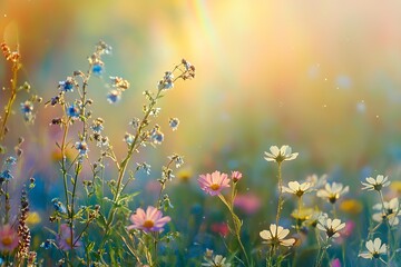 Beautiful Summer Wildflowers Meadow Pastel Colors Soft Sunlight Rays Blooming Flowers Nature Photography Romantic Floral Background Delicate          